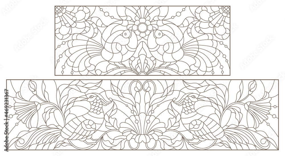 A set of contour illustrations in the style of stained glass with birds and flowers, dark contours on a white background