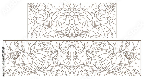 A set of contour illustrations in the style of stained glass with birds and flowers, dark contours on a white background