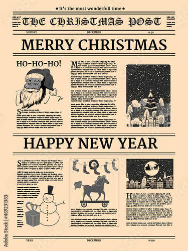 Christmas newspaper poster, old paper retro style. Greering Merrry Christmas and Happy new Year. Vector illustration decoration design photo