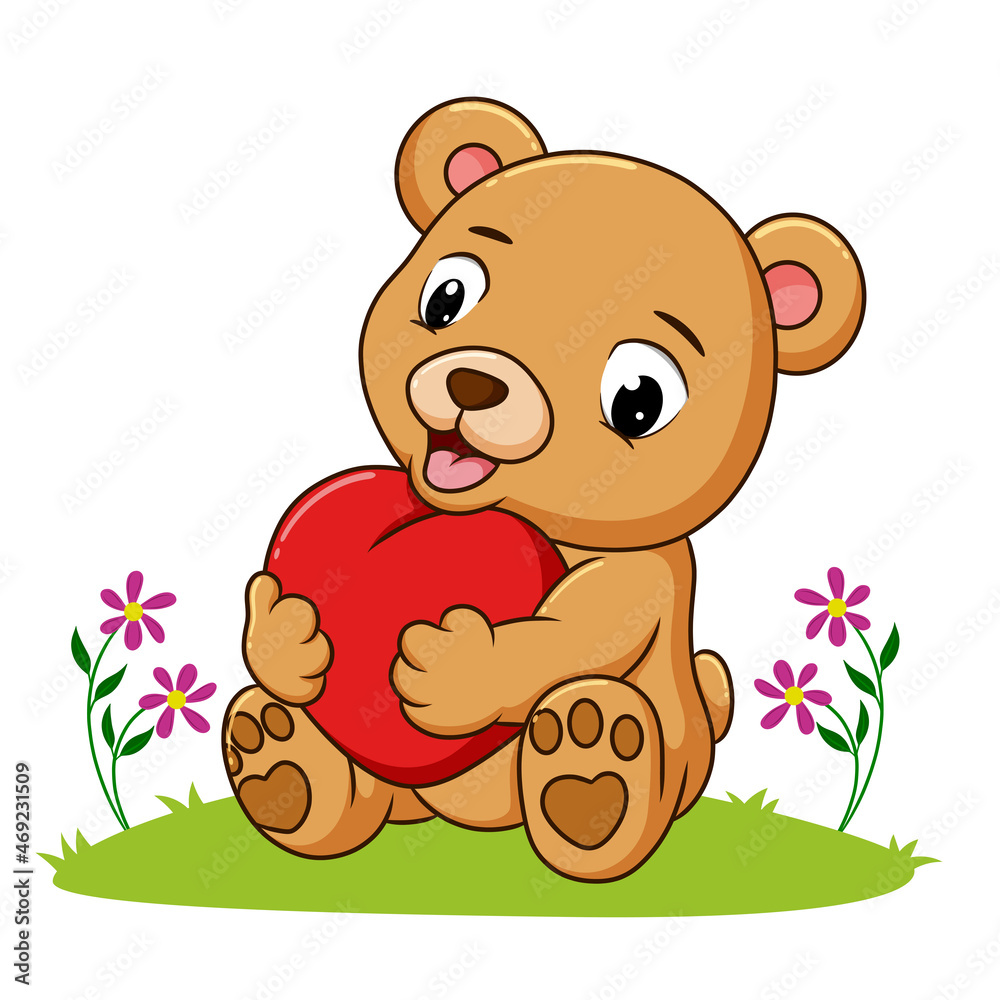Fototapeta premium The happy bear hugging the heart doll