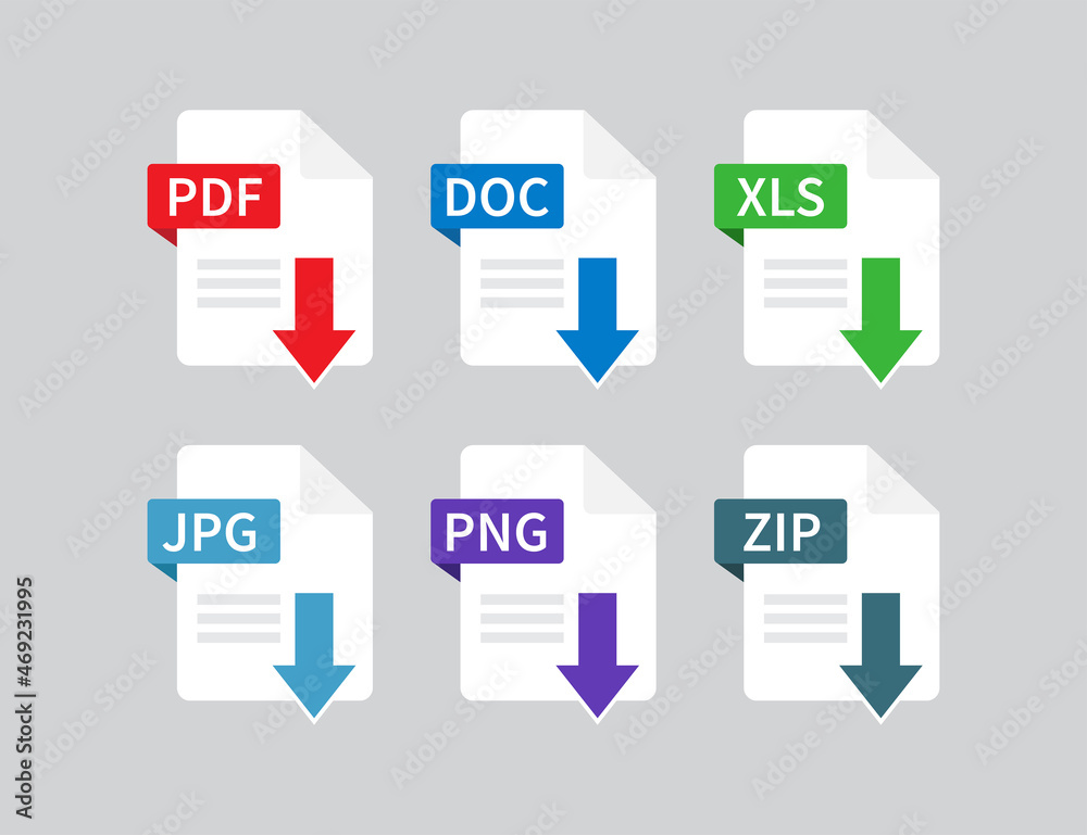 Download pdf file. Documents File Format icon. File type isolated on gray  background. PDF, DOC, XLS, JPG, PNG, ZIP. Vector illustration Векторный  объект Stock | Adobe Stock
