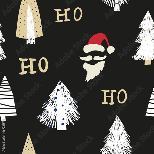 Hohoho seamless pattern, Santa Claus laugh. Santa red hat, white beard, mustache, pine, fir. Vector illustration background