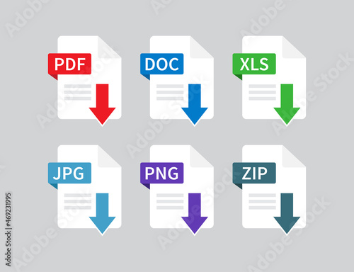 Download pdf file. Documents File Format icon. File type isolated on gray background. PDF, DOC, XLS, JPG, PNG, ZIP. Vector illustration