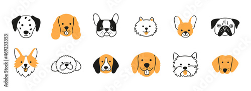 Faces of different breeds dogs set. Corgi, Beagle, Spitz Chihuahua, Terrier, Retriever, Spaniel, Poodle. Collection of doodle dog heads. Hand drawn vector illustration isolated on white background.