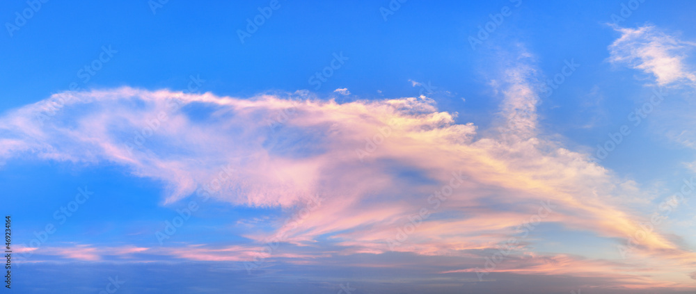 Pink clouds on blue sky background panoramic view, red cirrus cloud texture, beautiful colorful cloudy skies panorama, evening sunset cloudscape, sun dawn heaven, morning sunrise, cloudiness backdrop