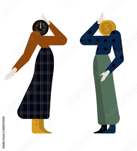 Concept of interaction people and time set vector flat illustration. Collection of man and woman business timing, earn money isolated on white background.
