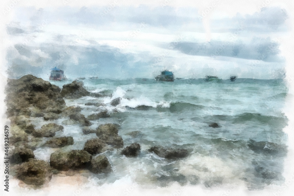 rocky beach by the sea watercolor style illustration impressionist painting. rocky beach by the sea watercolor style illustration impressionist painting.
