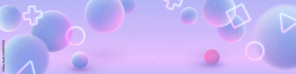 Banner with blue balls and pink, purple lights neon circle, square, cross, triangle on black background. Vector illustration for postcard, banner, cards, web, design, advertising. Banner with blue balls and pink, purple lights neon circle, square, cross, triangle on black background. Vector illustration for postcard, banner, cards, web, design, advertising.
