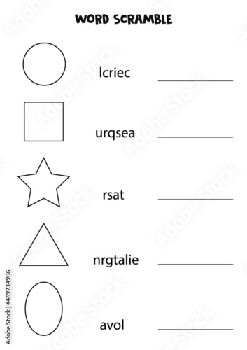 Puzzle for kids. Word scramble for children. Black and white shapes.