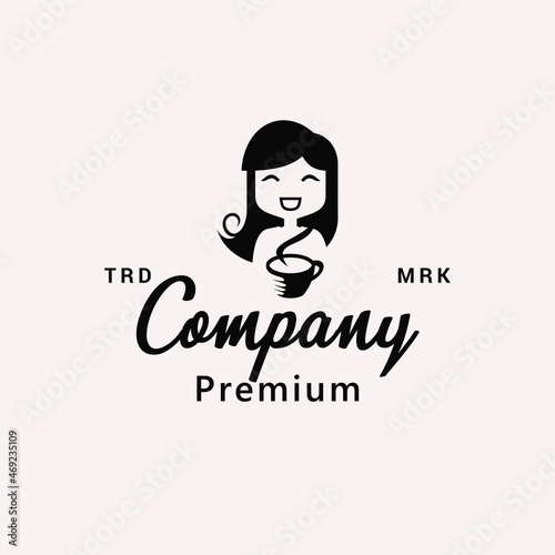 Woman Coffee Smile Classic Logo Vector Icon Illustration