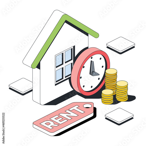 Buying or renting real estate, house, watches, coins. Vector 3d sketch line isometric style, color icon illustration. Creative design idea and infographics elements.