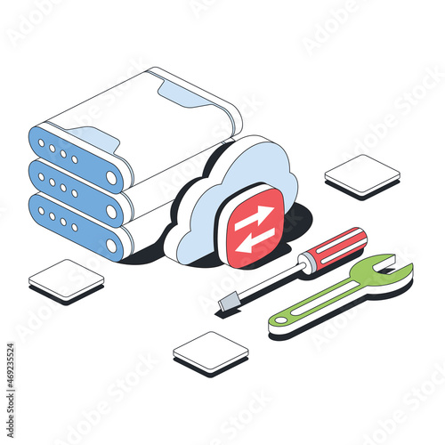 Cloud Server, Data Warehouse, Tools Wrench Screwdriver. Vector 3d sketch line isometric style, color icon illustration. Creative design idea and infographics elements.