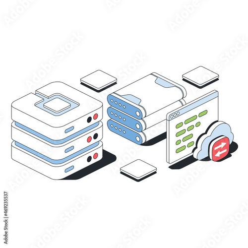 Database storage server, text box, cloud technology. Vector 3d sketch line isometric style, color icon illustration. Creative design idea and infographics elements.