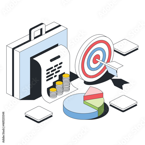 Startup, goal, schedule, money, contract document, portfolio briefcase. Vector 3d sketch line isometric style, color icon illustration. Creative design idea and infographics elements.