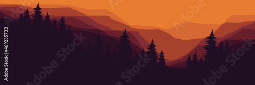 sunset pine forest vector illustration good for wallpaper design, design template, background template, and tourism design template