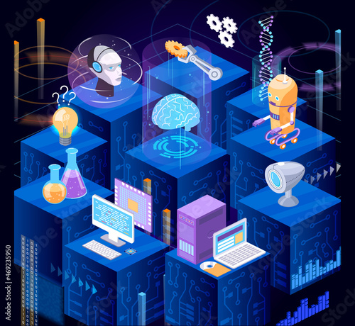 Hi tech office futuristic workflow isometric. Modern people digital display technology development