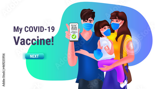 family holding smartphone with digital immunity passport qr code on screen risk free covid-19 pandemic vaccination