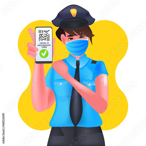 vaccinated policewoman using digital immunity passport with qr code on smartphone screen successful covid-19 vaccination