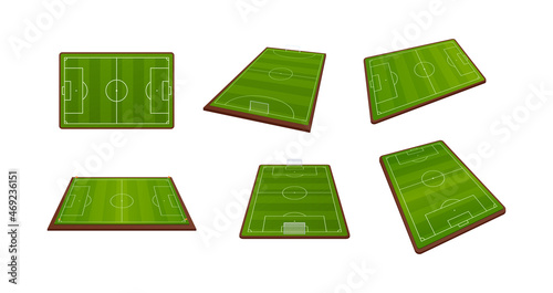 Football field 3d isometric set. Soccer arena court covered by green lawn and white marker line