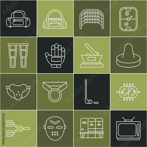 Set line Retro tv, Hockey table, Mallet for playing air hockey, Ice goal, glove, Crutch crutches, Sport bag and cup champion icon. Vector