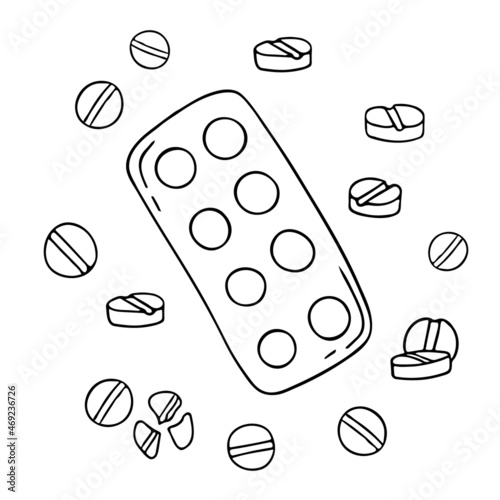 Tablets set. Medical hand-drawn doodle illustration. Health care, therapy, treatment concept. Isolated. Vector