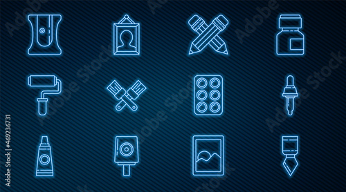 Set line Palette knife, Pipette, Crossed pencil with eraser, paint brush, Paint roller, Pencil sharpener, Watercolor paints box and Picture icon. Vector