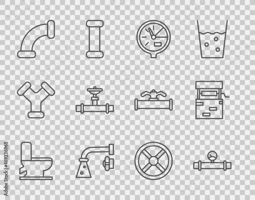 Set line Toilet bowl, Industry pipe and manometer, Water, tap, metallic, valve, and Well icon. Vector