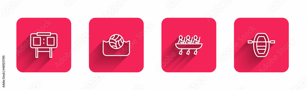 Set line Sport mechanical scoreboard, Water polo, Canoe rowing team sports and Boat with oars with long shadow. Red square button. Vector