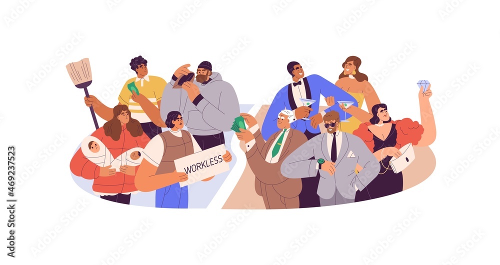 Poor vs rich people. Wealth and poverty concept. Financial gap between different social classes. Compare of inequality and disparity of societies. Flat vector illustration isolated on white background Poor vs rich people. Wealth and poverty concept. Financial gap between different social classes. Compare of inequality and disparity of societies. Flat vector illustration isolated on white background