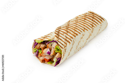 burrito with beef, lettuce and tomato cut on a white background