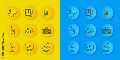 Set line Map pointer with star, Sunscreen spray bottle, Scallop sea shell, Location on the globe, Signboard text Hotel, Lifebuoy, Please do not disturb and Photo icon. Vector
