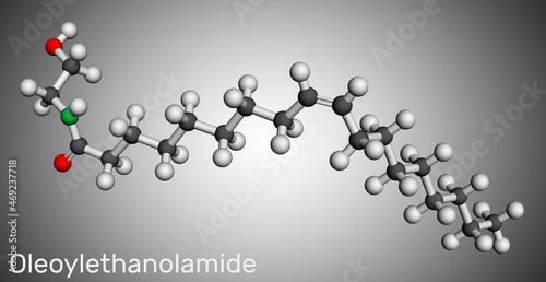 Oleoylethanolamide, oleoyl ethanolamide, OEA molecule. It is ethanolamide of oleic acid, monounsaturated analogue of endocannabinoid anandamide. Molecular model. 3D rendering photo