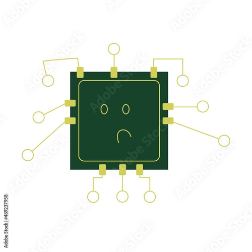 Cartoon square image of microchip in the form of a character with a sad expression due to production interruption. Vector illustration