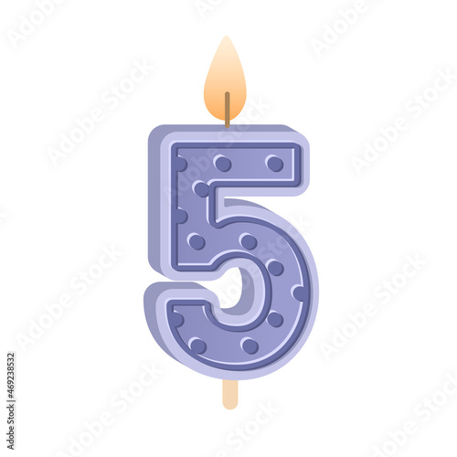 5 shaped birthday candle for 5th year anniversary. Wax number five with light for bday holiday cake for fifth age party with glowing candlewick. Flat vector illustration isolated on white background
