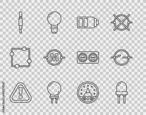 Set line Exclamation mark in triangle, Light emitting diode, Battery charge level indicator, Audio jack, Electric circuit scheme, Ampere meter, multimeter, voltmeter and icon. Vector