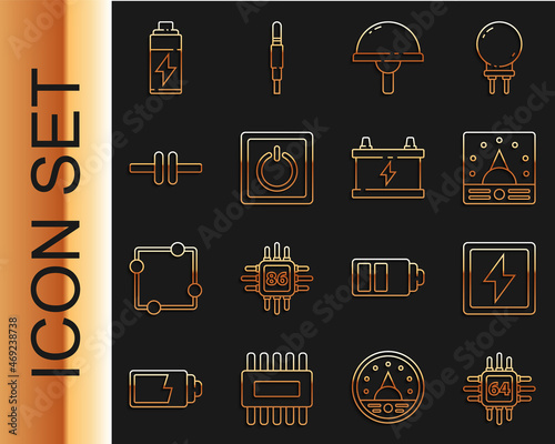 Set line Processor with microcircuits CPU, Lightning bolt, Ampere meter, multimeter, voltmeter, emitting diode, Electric light switch, scheme, Battery and Car battery icon. Vector