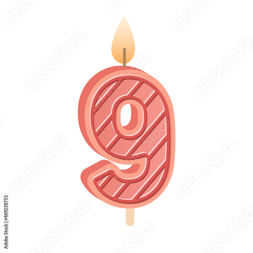 Birthday candle of 9 number shape for bday celebration. Glowing wax candlelight with flame for nine age party cake for 9th year anniversary. Flat vector illustration isolated on white background