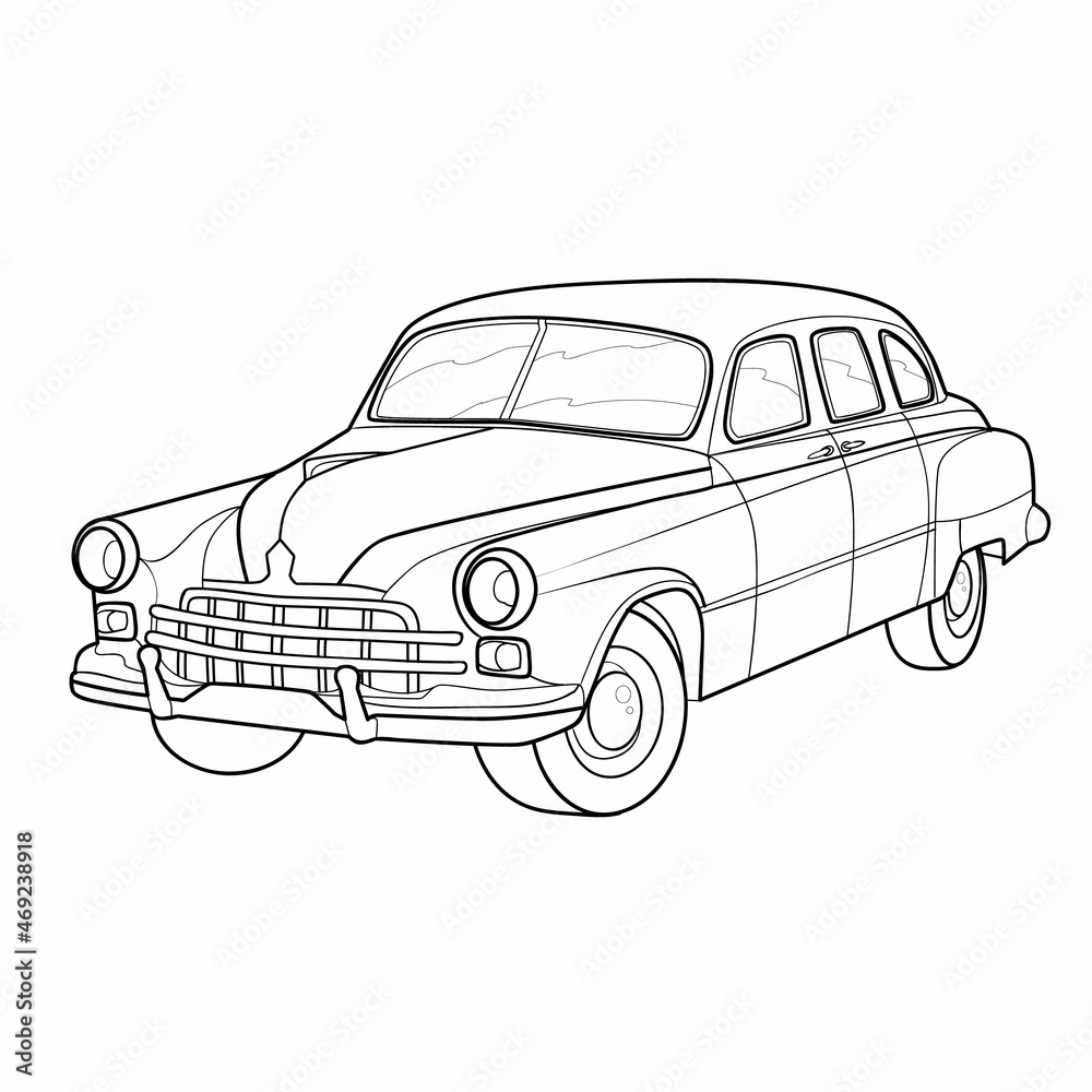 sketch, retro car, coloring book, cartoon illustration, isolated object on white background,