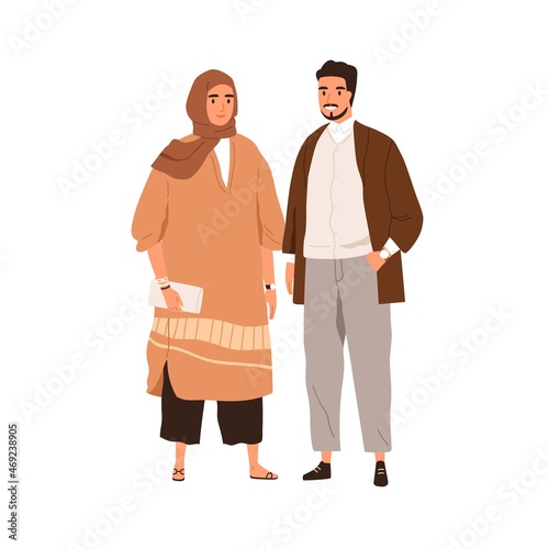 Arab couple in modern casual clothes. Muslim man and woman in hijab. Happy Arabian people wearing stylish outfits with traditional headscarf. Flat vector illustration isolated on white background