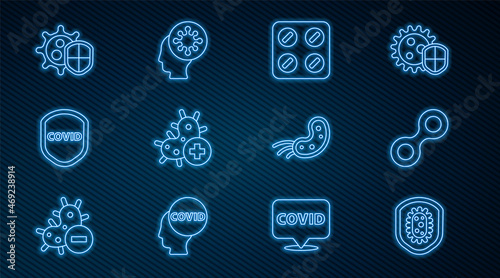 Set line Shield protecting from virus, Virus, Pills blister pack, Positive, and Human and icon. Vector