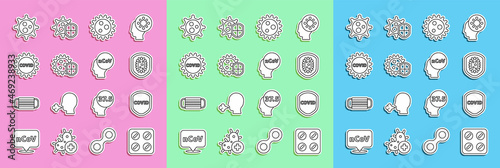 Set line Pills in blister pack, Shield protecting from virus, Virus, Corona covid-19, and 2019-nCoV icon. Vector