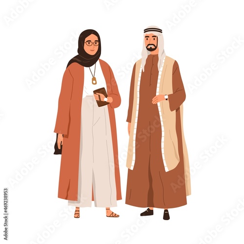 Arab couple in hijab and keffiyeh, male headwear. Muslim man and woman in tra...
