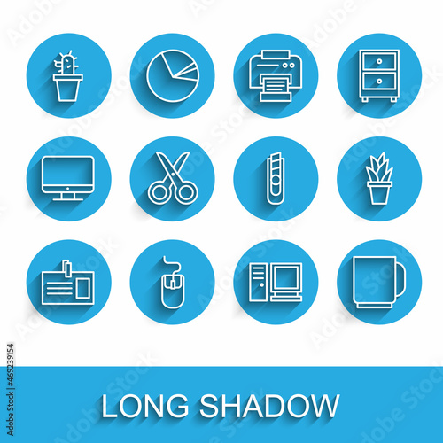 Set line Identification badge, Computer mouse, Cactus and succulent in pot, monitor, Coffee cup, Scissors, Plant and Stationery knife icon. Vector
