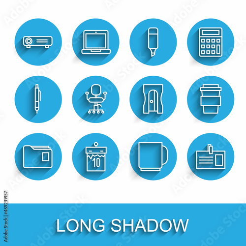 Set line Document folder, Calendar, Movie, film, media projector, Coffee cup, Identification badge, Office chair, go and Pencil sharpener icon. Vector