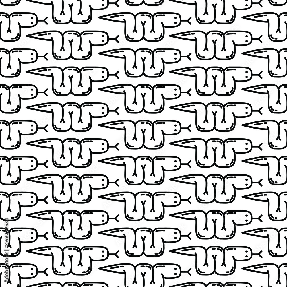 Cartoon snake silhouette vector seamless pattern. Black serpent on white background. 