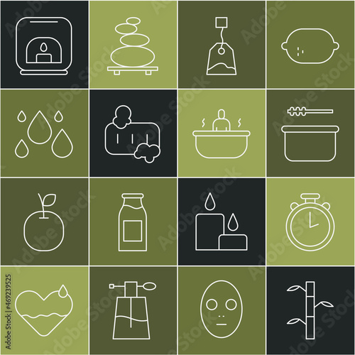 Set line Bamboo stems with leaves, Stopwatch, Sauna bucket and ladle, Tea bag, Bar of soap foam, Water drop, Aroma lamp and Bathtub icon. Vector