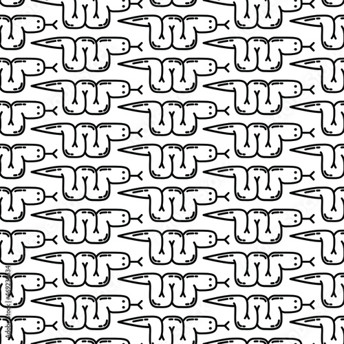 Cartoon snake silhouette vector seamless pattern. Black serpent on white background. 