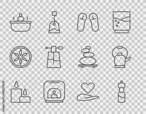 Set line Burning candle, Bottle of water, Slipper, Aroma lamp, Bathtub, Perfume, Heart on hand and Kettle with handle icon. Vector