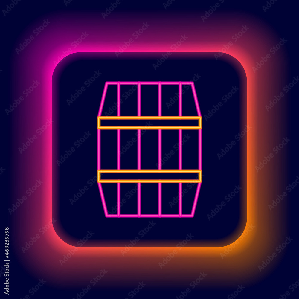 Glowing neon line Wooden barrel icon isolated on black background. Alcohol barrel, drink container, wooden keg for beer, whiskey, wine. Colorful outline concept. Vector Glowing neon line Wooden barrel icon isolated on black background. Alcohol barrel, drink container, wooden keg for beer, whiskey, wine. Colorful outline concept. Vector