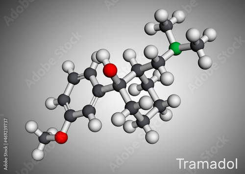Fototapeta Naklejka Na Ścianę i Meble -  Tramadol molecule. It is synthetic psychotropic opioid analgesic, used for the therapy of severe pain. Molecular model